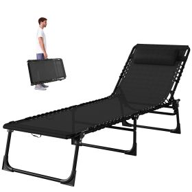 Folding Chaise Lounge Pool Chair with 4-Position Reclining Back, Pillow, Breathable Mesh & Bungee Seat, Black